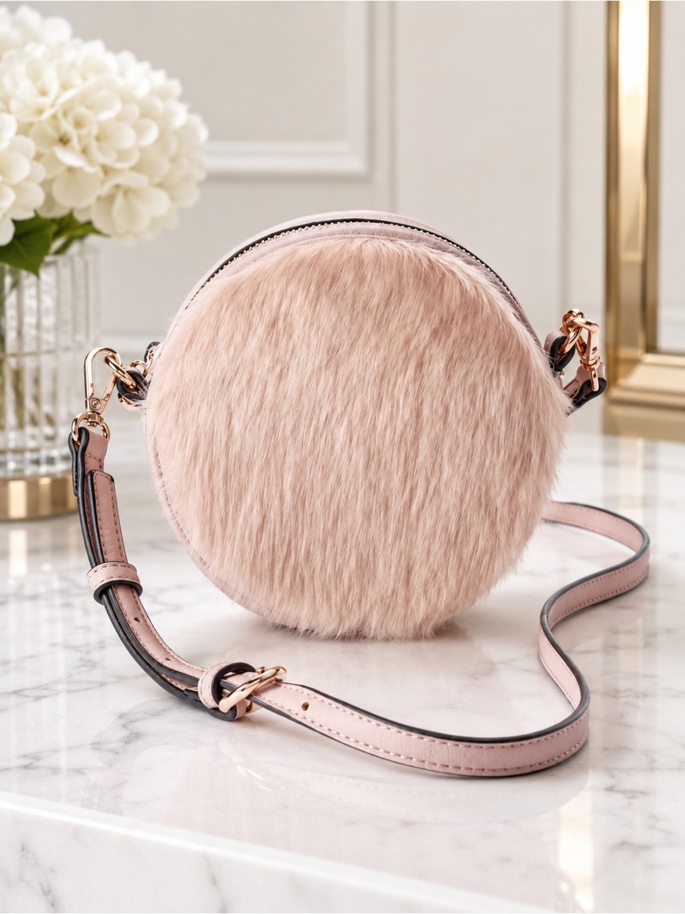 LC Lauren Conrad Faux Fur Round Crossbody Bag Blush Pink Boho Chic NWT